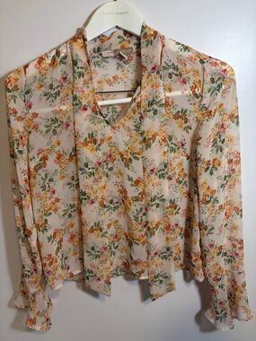 Forever 21 Cream Sheer Floral Tie-Neck Blouse with Yellow, Green & Pink Print